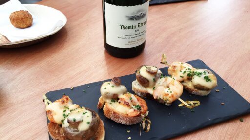 Prawn, mushroom & cheese pintxos. From humble origins as a snack served in the taverns in the Basque Country, pintxos are now a food art form.