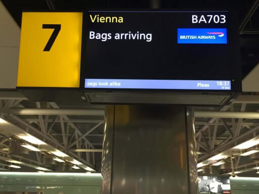 Baggage belt sign at Terminal 3, London Heathrow Airport